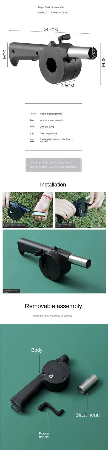 Camping Barbecue Fan Portable Hand-Operated Blower Efficient Fire Making Blower Charcoal Combustion Blower Picnic BBQ Tools